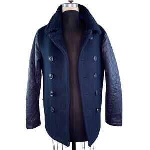 Superdry Men's Navy Blue Wool Double Breasted Coated Quilt Sleeve Coat Jacket S